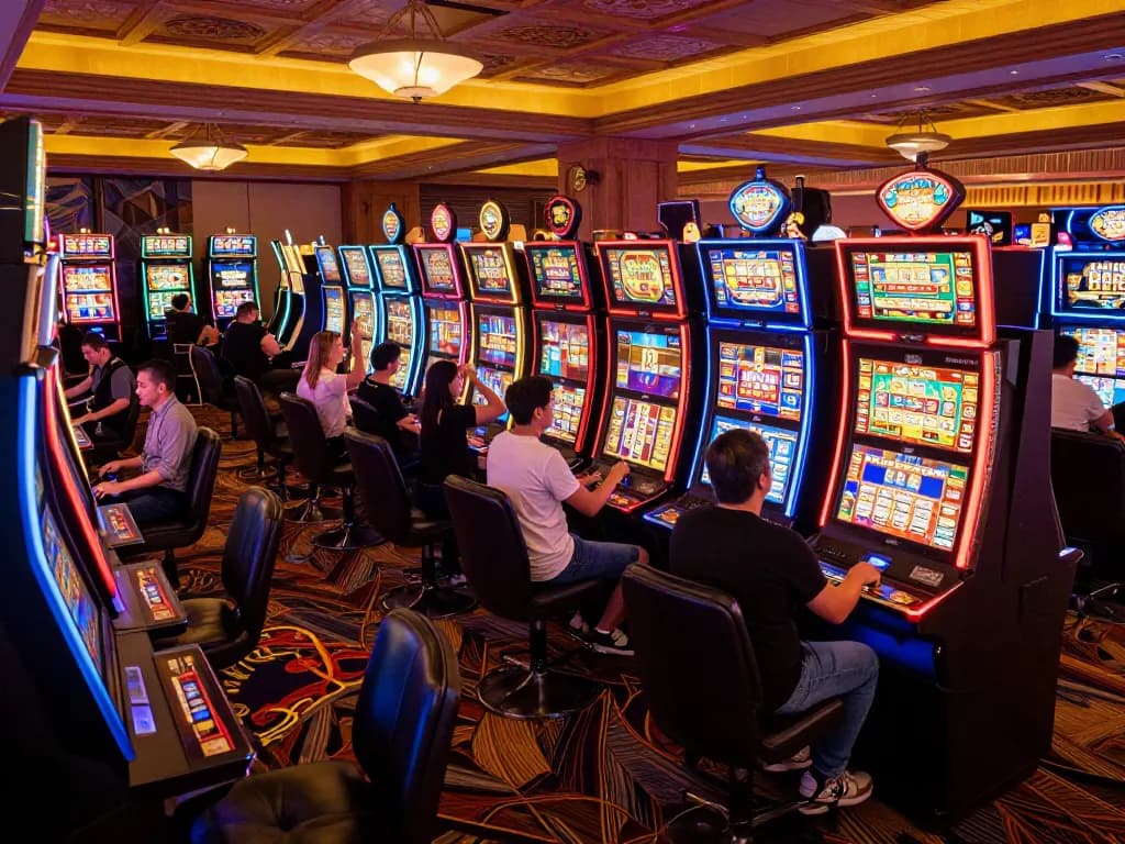 Players enjoy vibrant slot machines at MPOID, celebrating wins amidst colorful casino lights