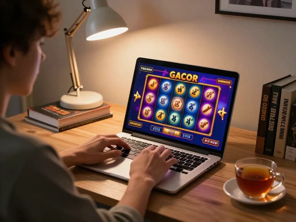 Playing slot gacor games on a laptop, showing engaging graphics and a cozy home setup for online gambling.