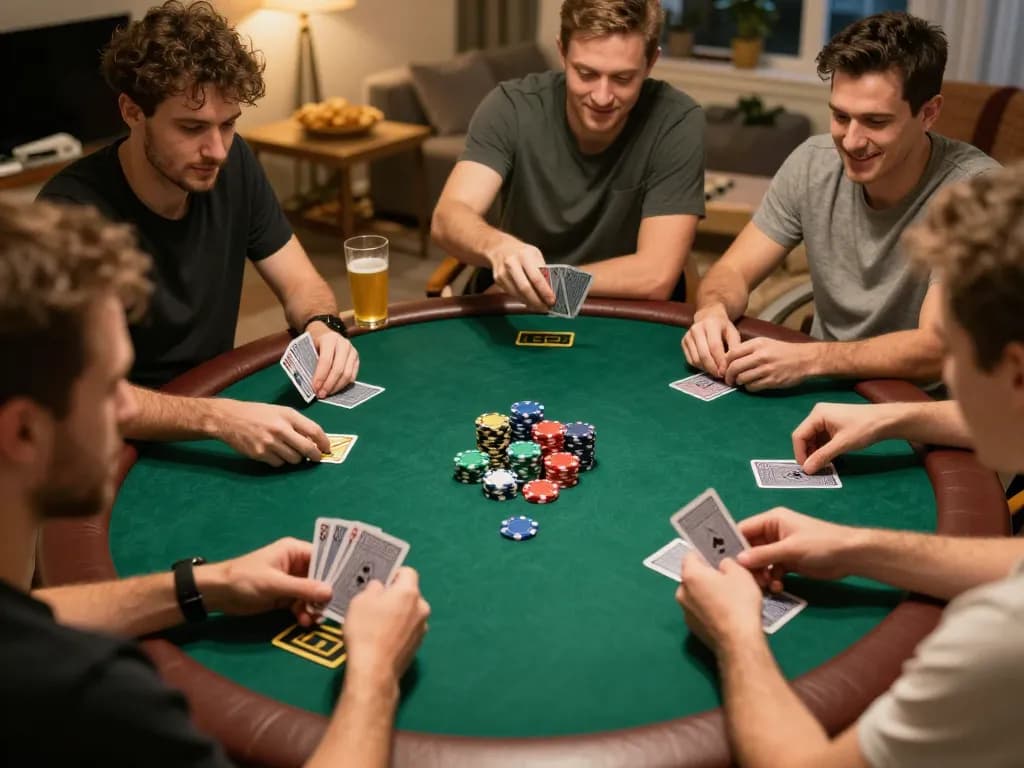 Engaged friends enjoying ดูหนังออนไลน์ during a thrilling poker night, showcasing cards and chips in a cozy atmosphere.