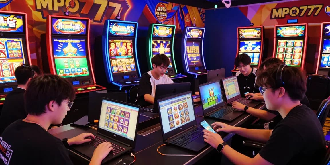 Players enjoying MPO777 online slots with vibrant digital graphics in a lively gaming atmosphere.