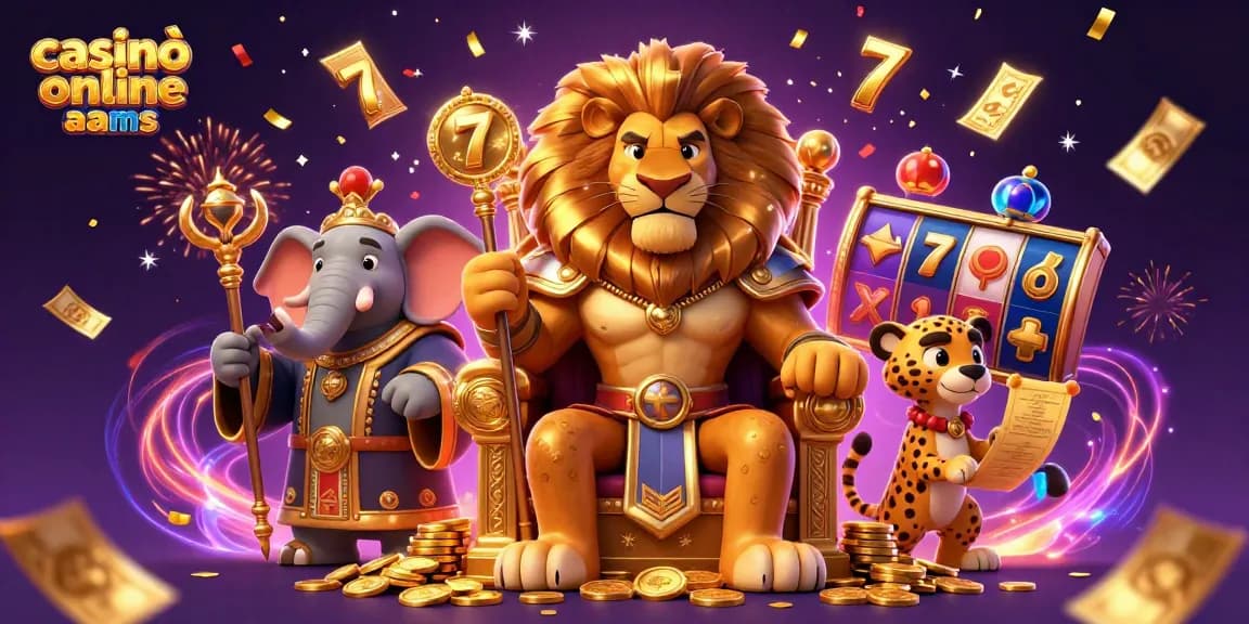 Scene illustrata di casinò online non AAMS che rappresenta un re leone, un saggio elefante e un veloce ghepardo in un ambiente di casinò vibrante e giocoso.