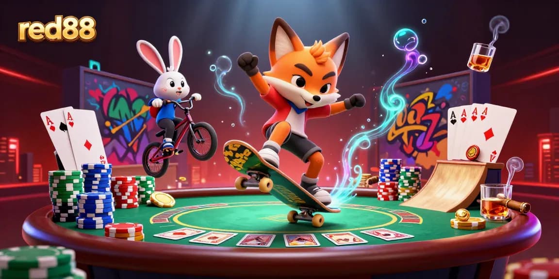 Engage with red88's thrilling casino atmosphere as a skateboarder fox leaps over poker chips.