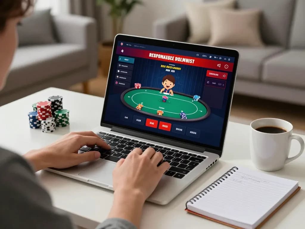 Player engaging in online poker at home using 33win for strategic gameplay and responsible gambling.