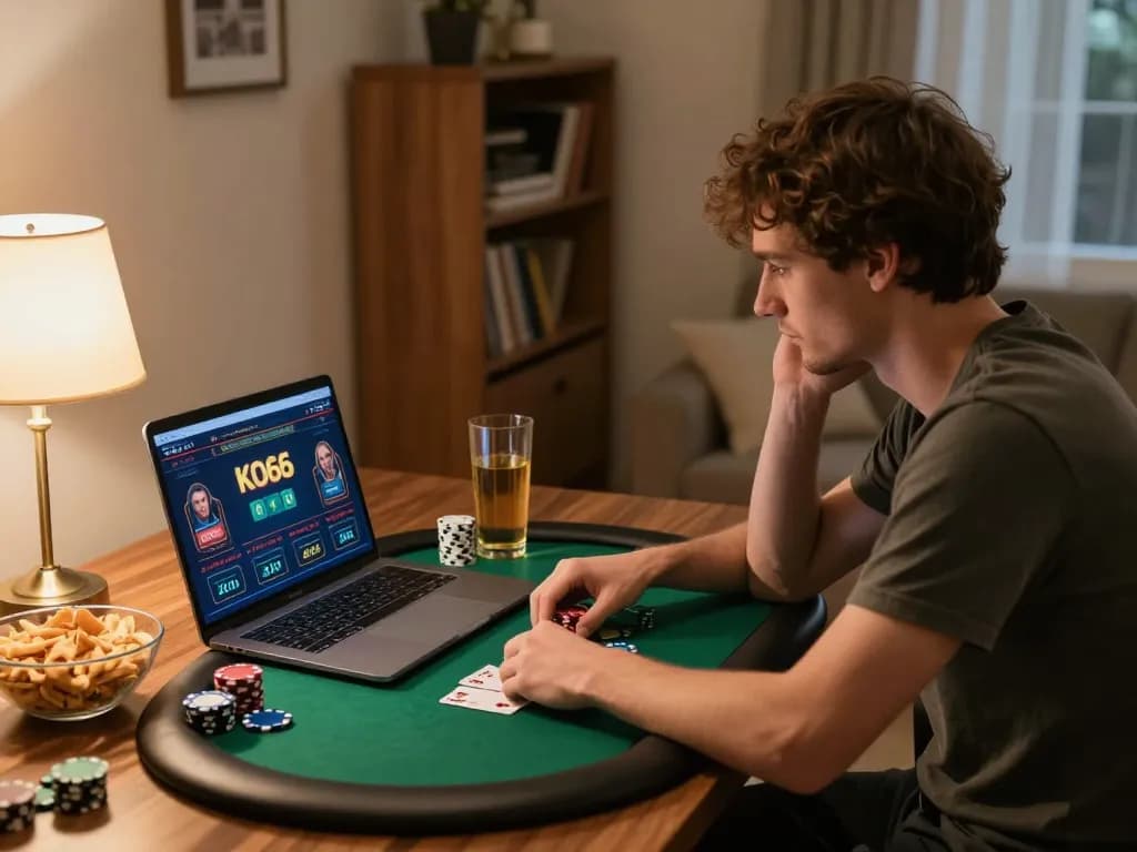 Player strategizing in a KO66 online poker game, showcasing a cozy home environment