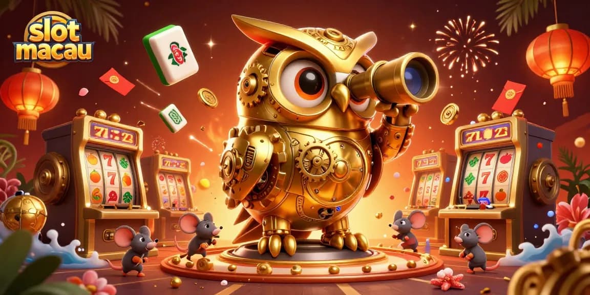 Experience the vibrant world of slot macau with an enchanting illustration of a clockwork owl and casino elements.