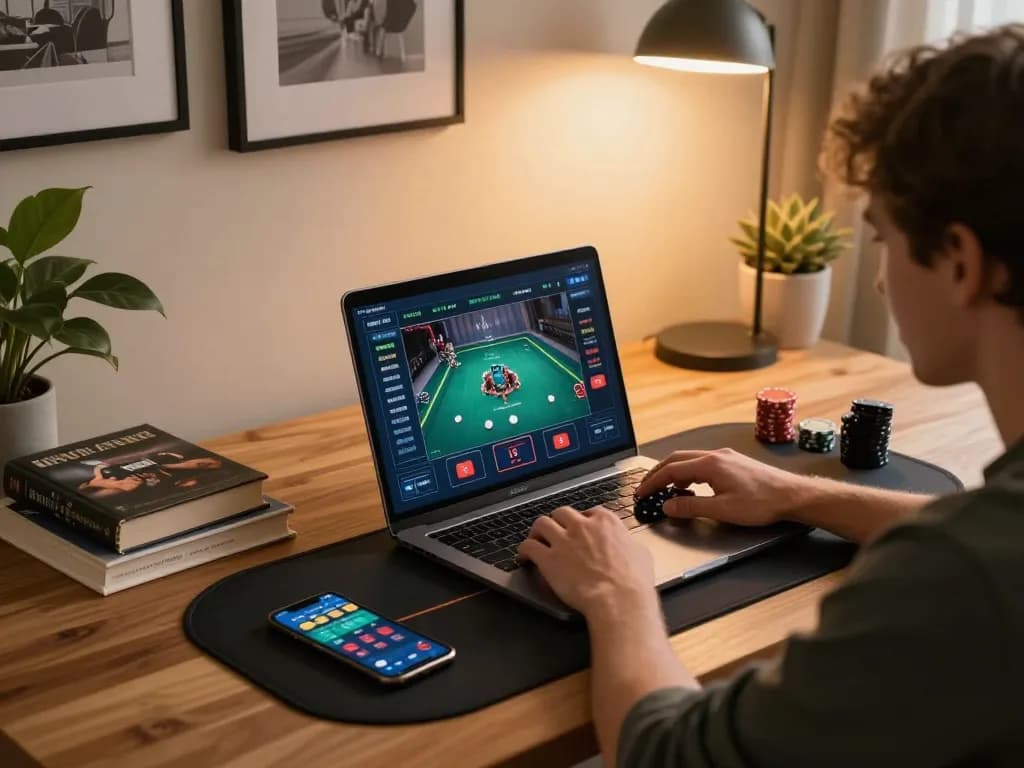 N188 online poker player strategizing with laptop and smartphone for better odds