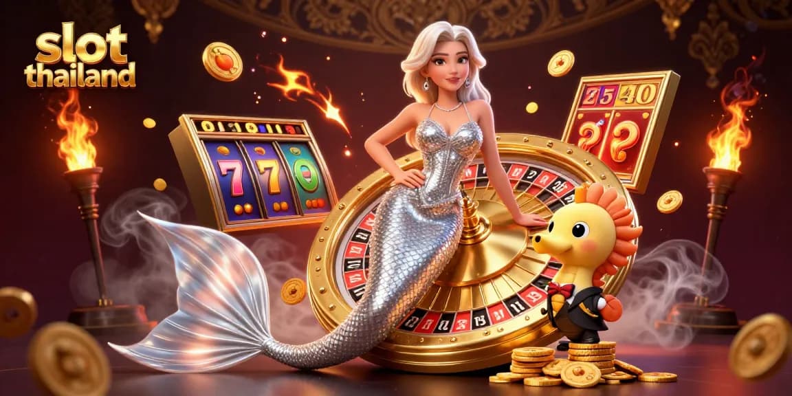 Experience the excitement of slot thailand with a glamorous scene featuring dazzling characters and casino elements.