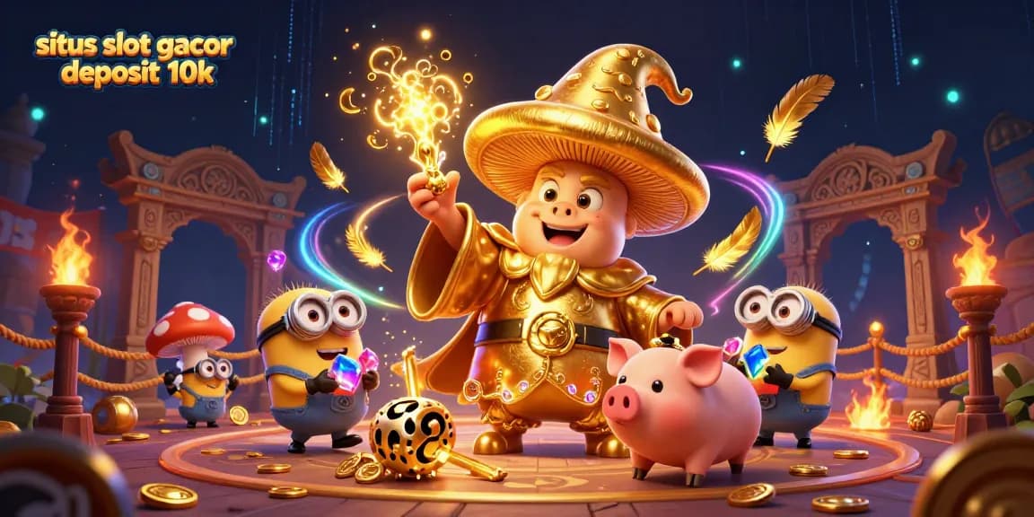 Engage in situs slot gacor deposit 10k adventures with a wizard and treasure-hunting pig in an exciting casino scene.