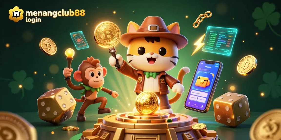 Engage with menangclub88 login strategies in a vibrant 3D casino-themed adventure illustration.