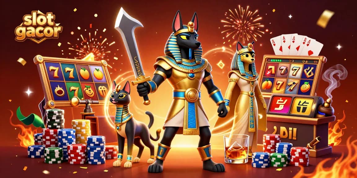 Rasakan kegembiraan slot gacor dengan Anubis dan Bastet dikelilingi oleh elemen kasino yang berwarna-warni.