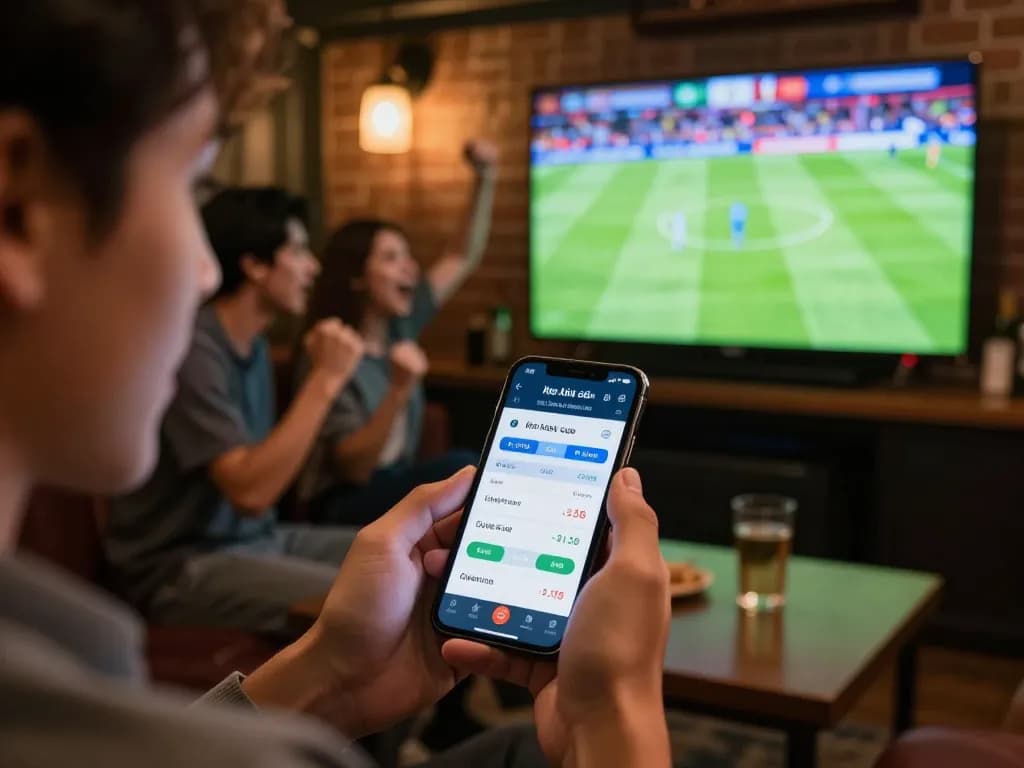 Engaging with kèo nhà cái on smartphone while watching a live football match in a cozy sports bar.