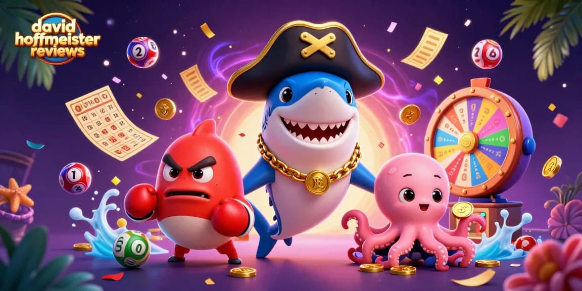 Engaging scene of david hoffmeister reviews featuring vibrant casino elements with cartoon characters and lottery visuals.
