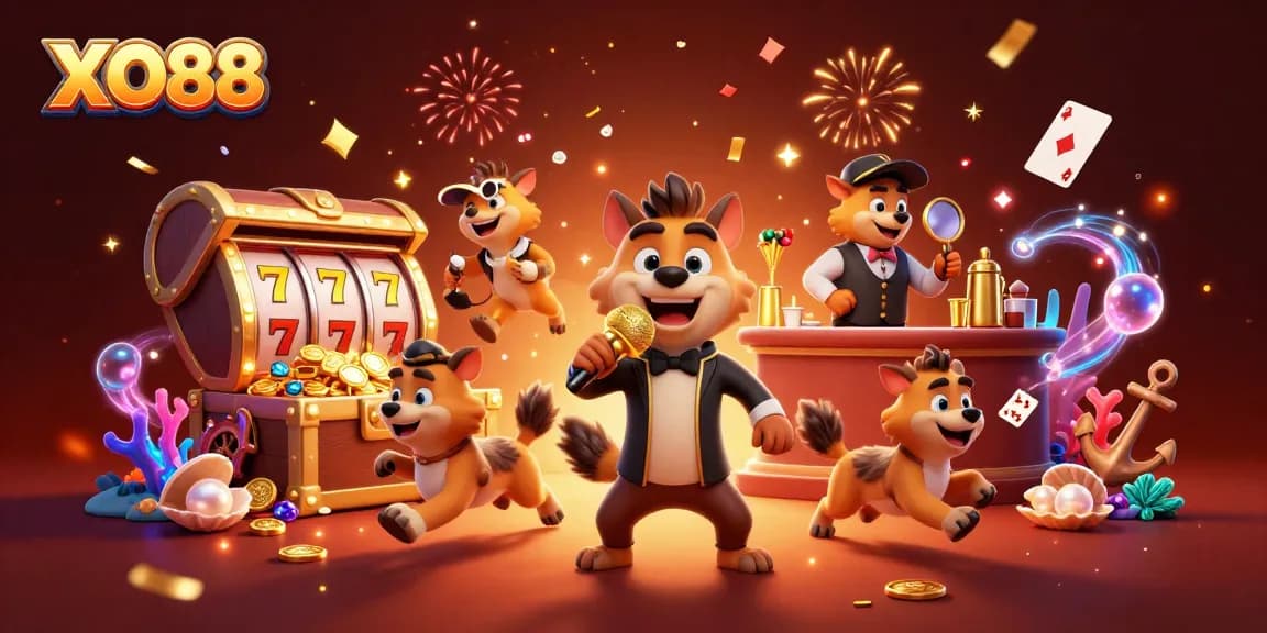 Experience thrilling excitement with XO88, featuring lively hyenas in a vibrant comedy casino scene.