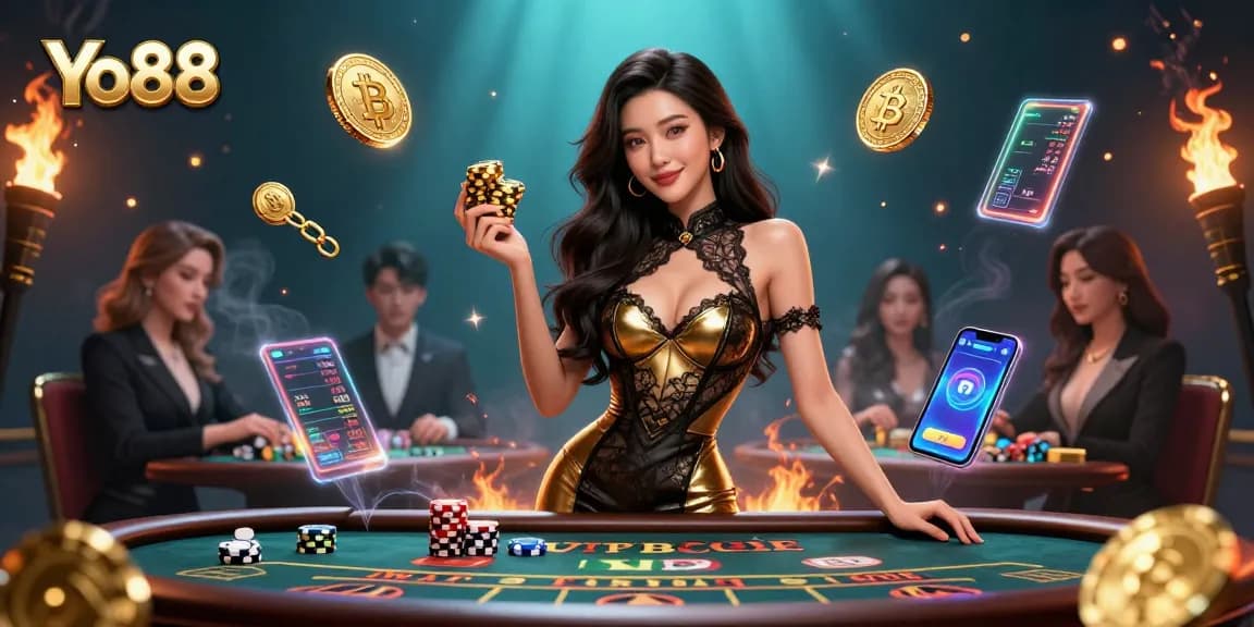 Experience thrilling games at Yo88 with an elegant Asian dealer amidst vibrant casino elements.