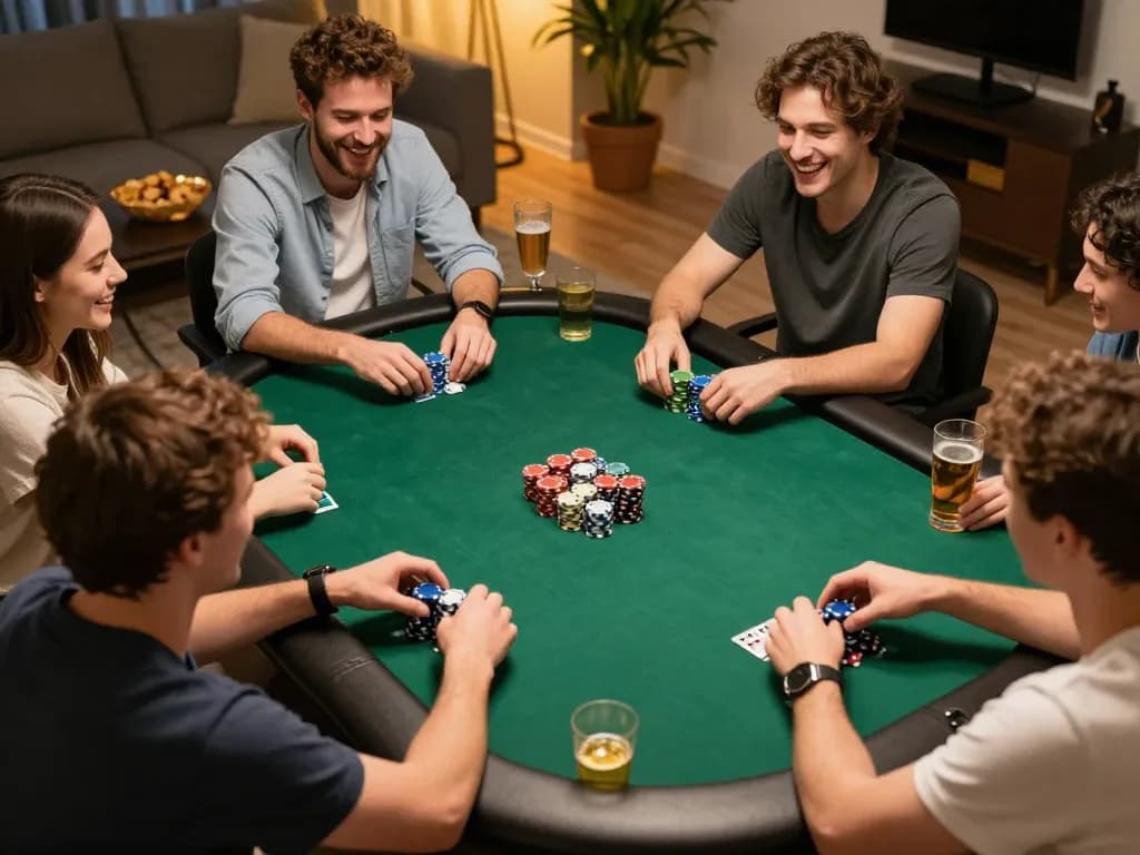 Enjoying ดูหนังออนไลน์ while playing poker with friends at home, chips and cards visible.