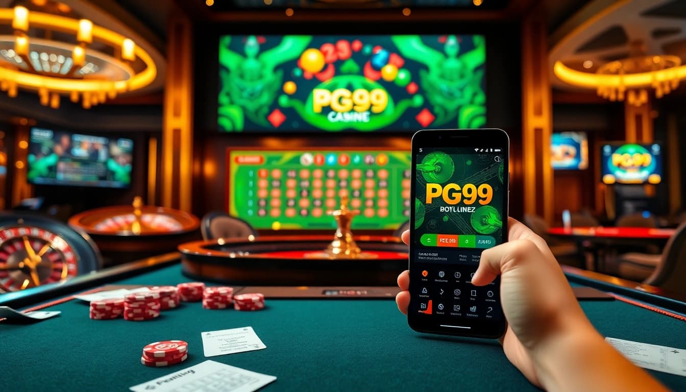 Experience thrilling online gambling with PG99's vibrant casino scene featuring roulette and poker.