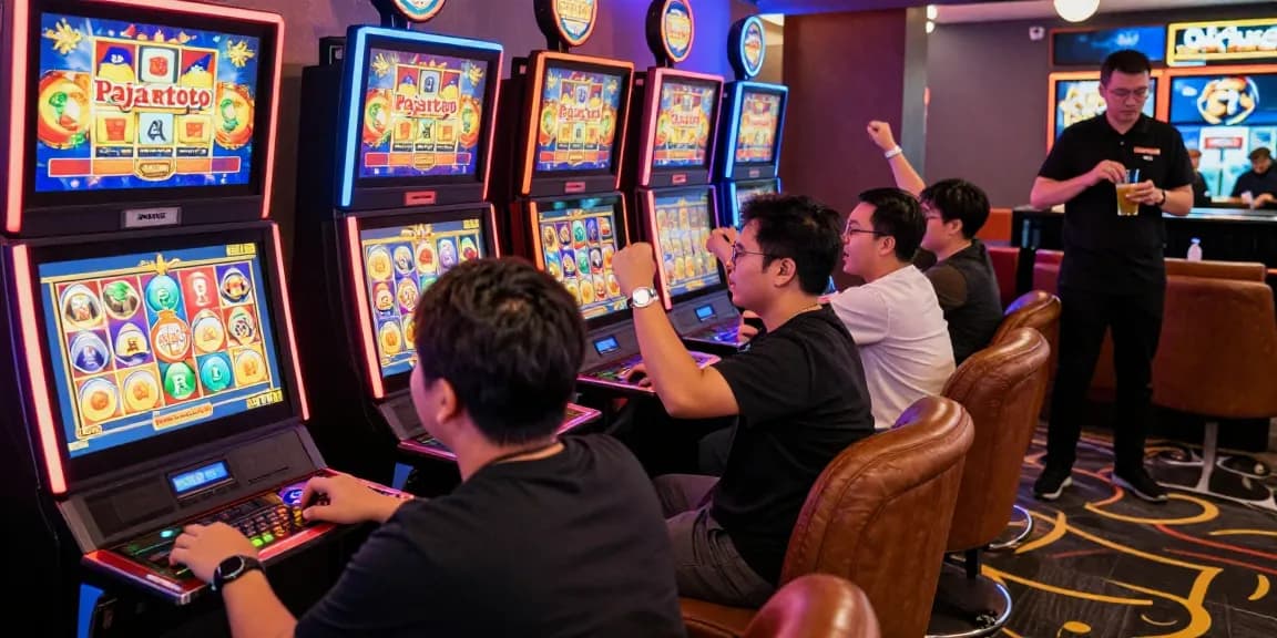 Exciting pajaktoto slot gaming moment with players at vibrant machines in a lively casino atmosphere.