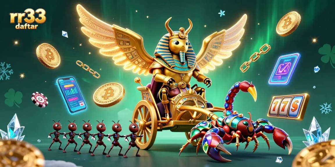 rr33 daftar: Engage with a colorful casino scene featuring a golden scarab beetle and poker chips.