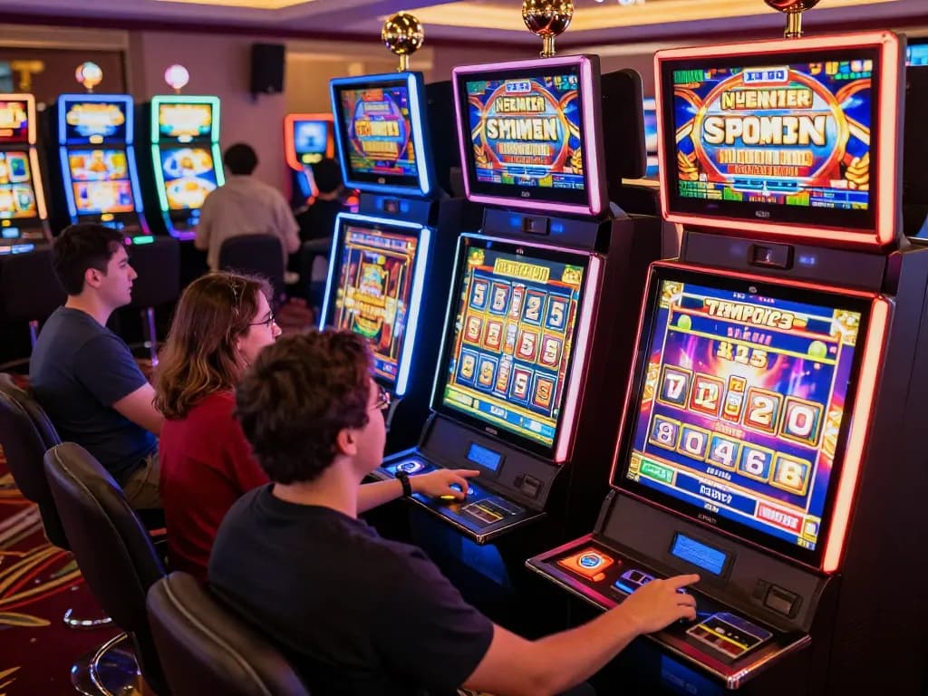 Excited players engaging with Tempo123 Slot machines in a colorful casino environment.