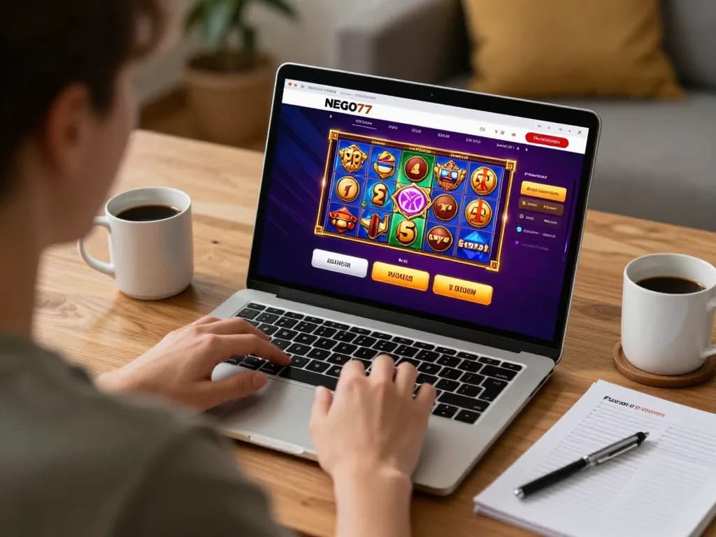 Play exciting NEGO77 online slots with a colorful interface and warm home office ambiance