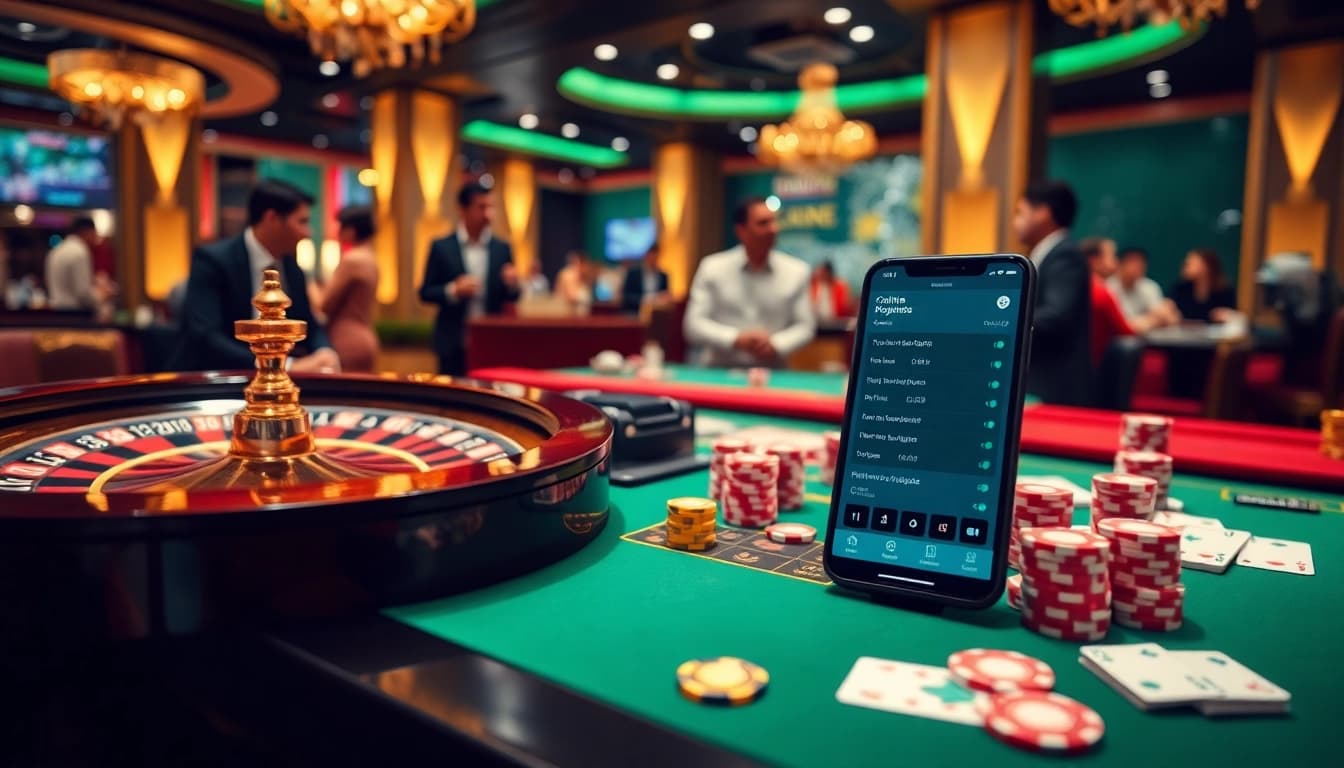 A vibrant online gambling scene representing Nhà cái uy tín, showcasing roulette and poker chips.