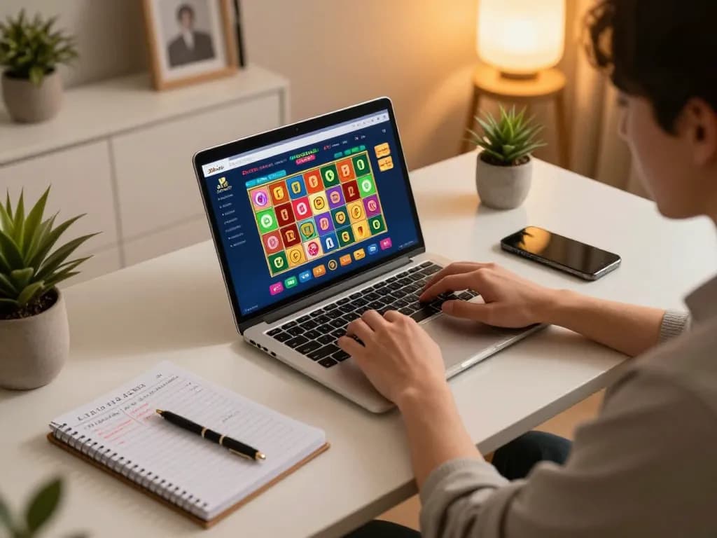 Engaging with Xổ số LUCK8 online gaming interface, showcasing a comfortable home setup and strategic gameplay.