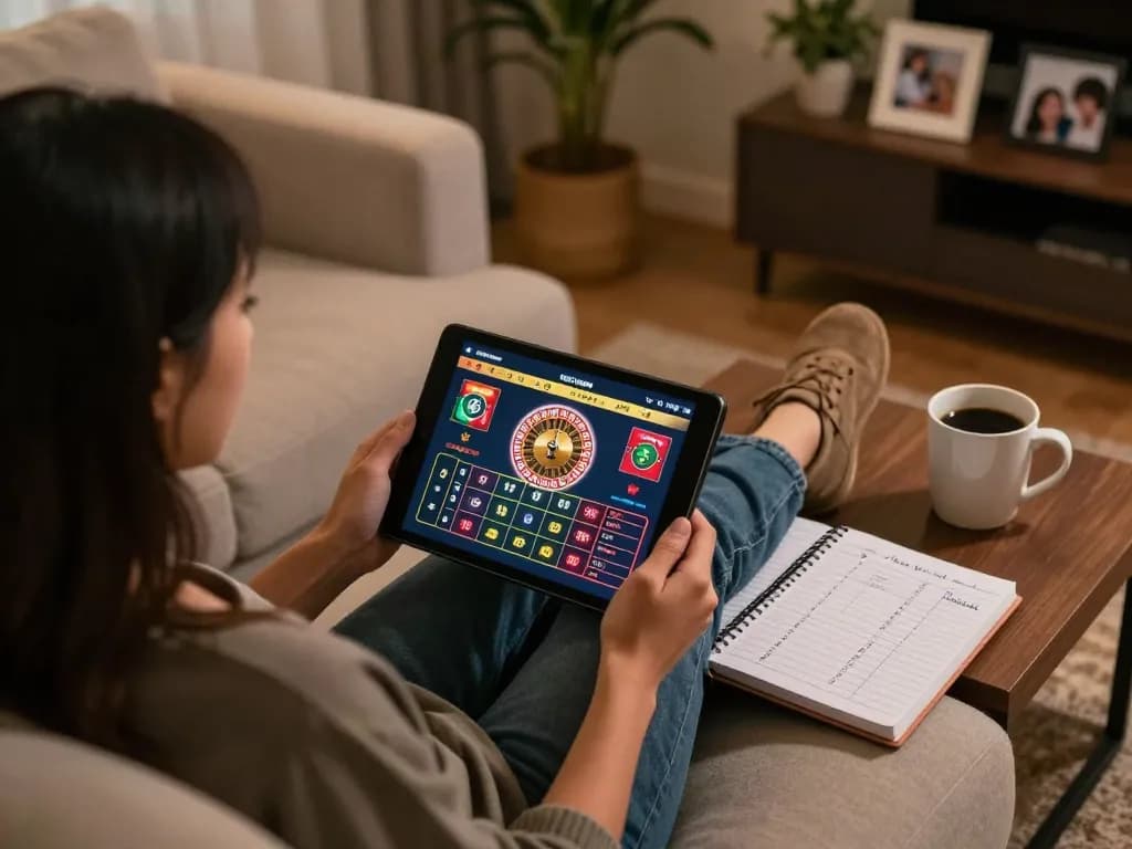 Engaging in online casino gaming at home with Canada online casinos on tablet, warm cozy atmosphere