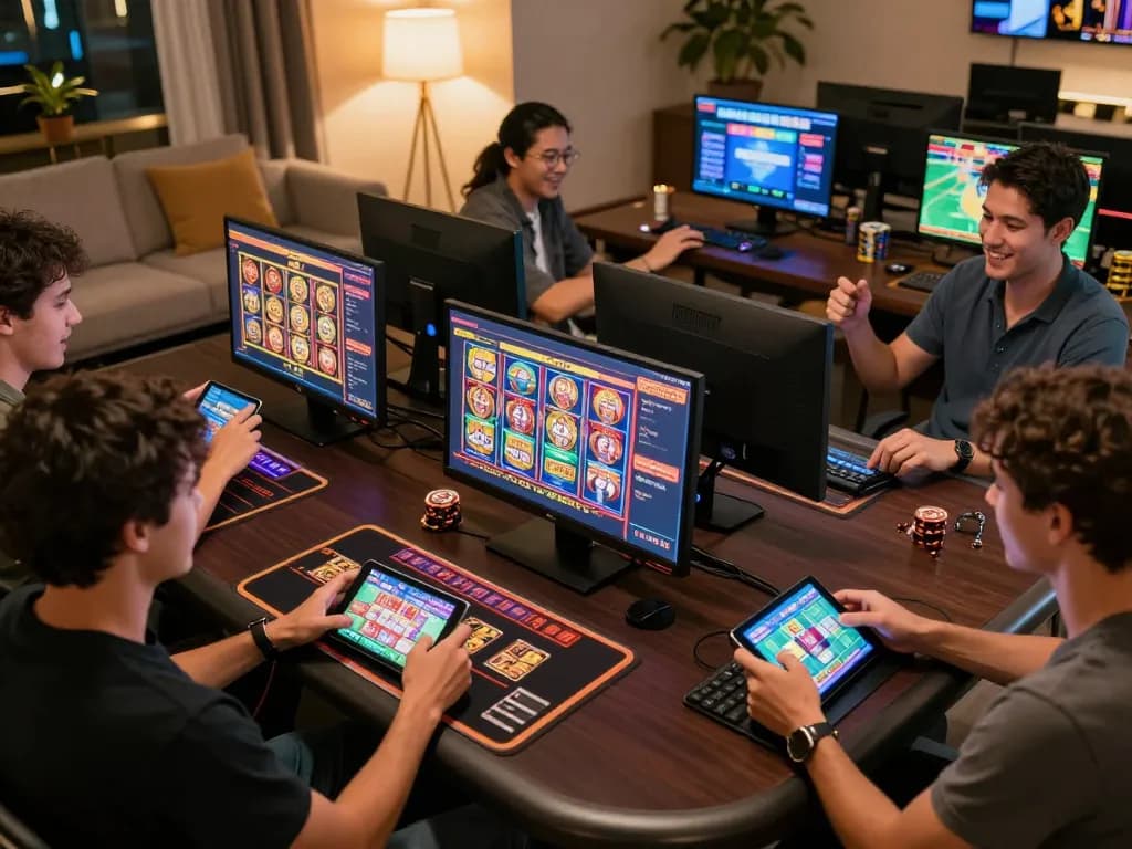 Players enjoying sg777 online gaming on tablets and smartphones, celebrating wins in a cozy home setting.