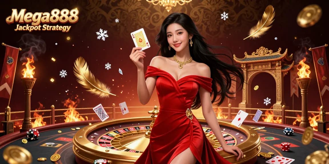 Mega888 Jackpot Strategy winning scene featuring an elegant Asian woman at a roulette wheel with gold coins and cards.