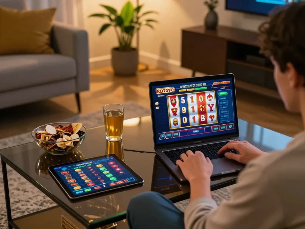 KDTOTO player enjoying an online casino game at home using a laptop and tablet for strategy.