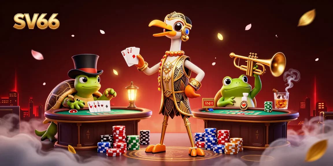 Experience the thrill of SV66 at this vibrant casino illustration featuring poker elements and whimsical characters.