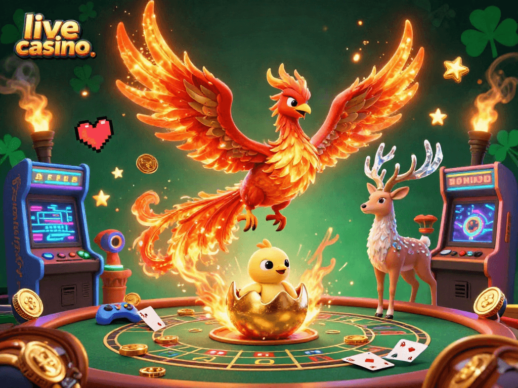 Engage with the thrilling live casino experience, featuring vibrant roulette wheels and playing cards.