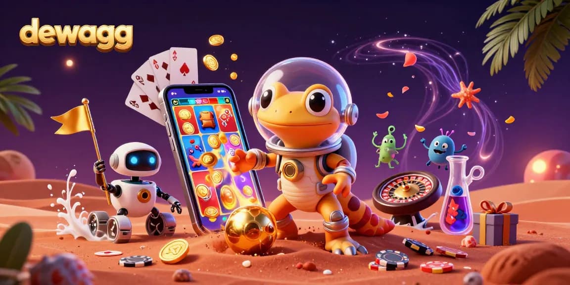Dewagg spins colorful slot reels amidst a Martian casino's golden treasures, showcasing vibrant gaming action.