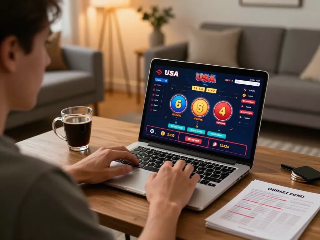 Playing at online USA casinos from home, showcasing a laptop game interface and strategic notes.
