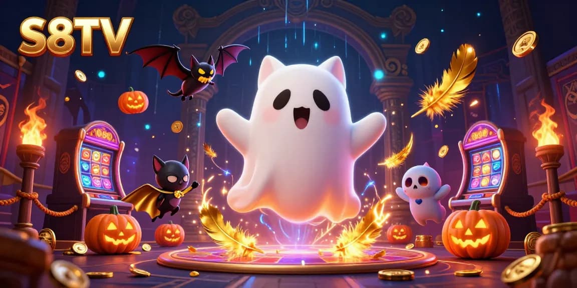 S8TV showcases a vibrant 3D scene with a ghost cat and a bat in a haunted casino, bursting with attention-grabbing details.