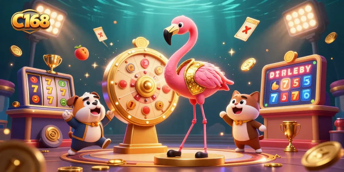 Engage with thrilling C168 slot reels and prizes in this vibrant casino illustration.