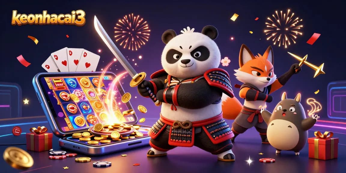 Engage with keonhacai3 through this vibrant illustration showcasing a samurai panda alongside dynamic casino game elements.