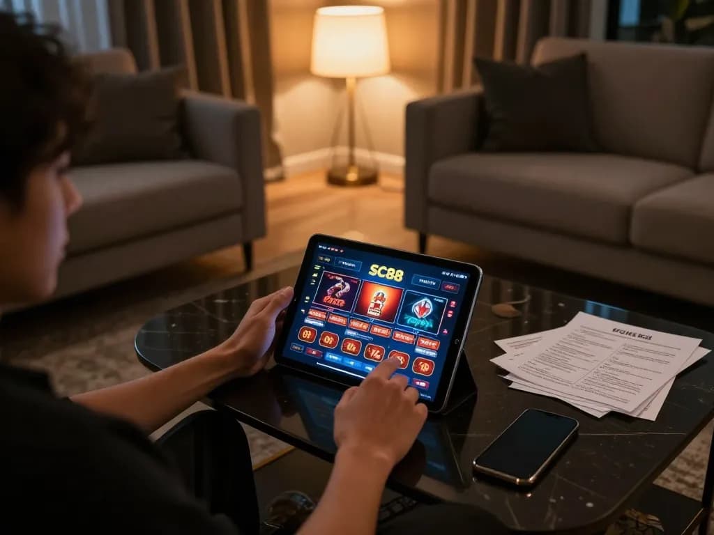 Engaging with SC88 casino app in a cozy online gaming setup, highlighting strategic play.