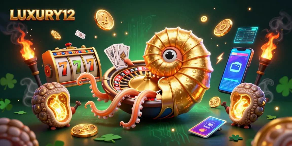 LUXURY12 showcases an exhilarating casino experience with a giant nautilus roulette wheel and vibrant slot elements.