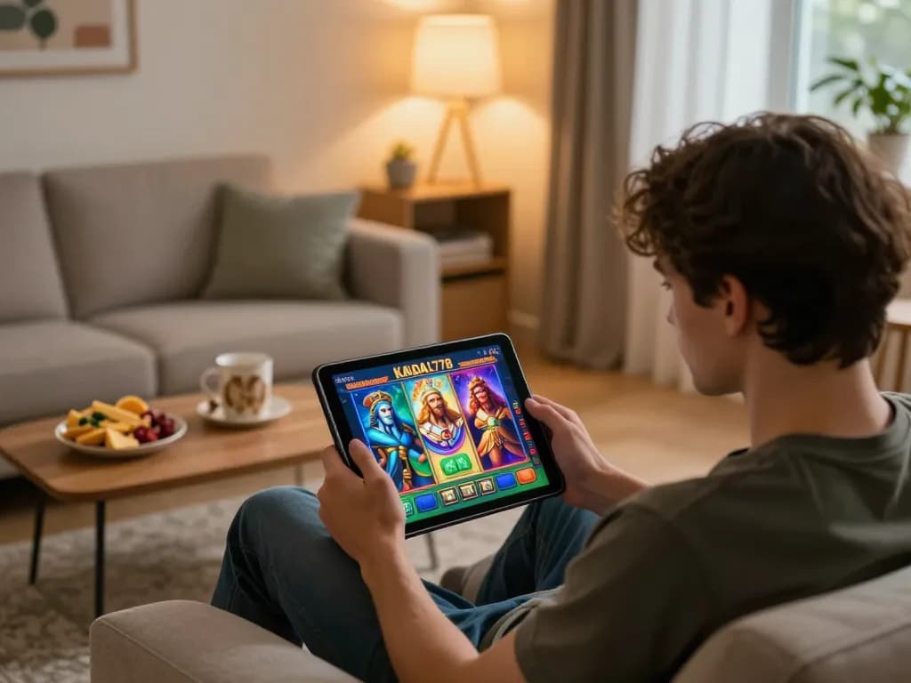 KADAL778 player enjoying Greek mythology-themed slots in a modern home setting.