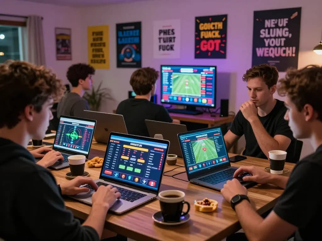 SBOBET88 betting excitement with players on laptops and smartphones in lively home setting.