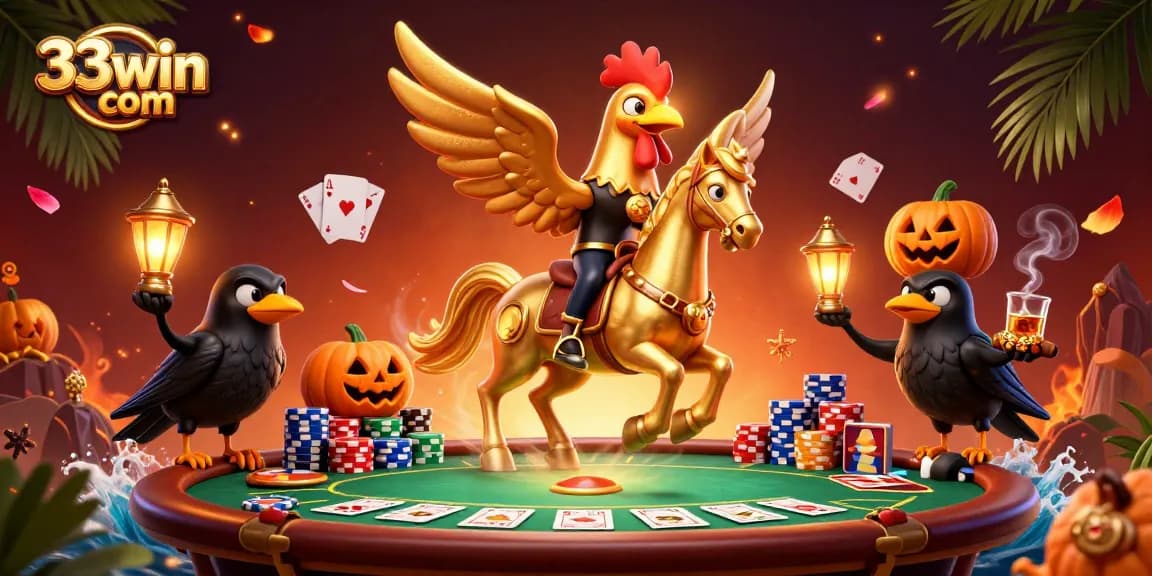 Engage in thrilling games at 33win com amidst golden rooster characters and vibrant casino elements.
