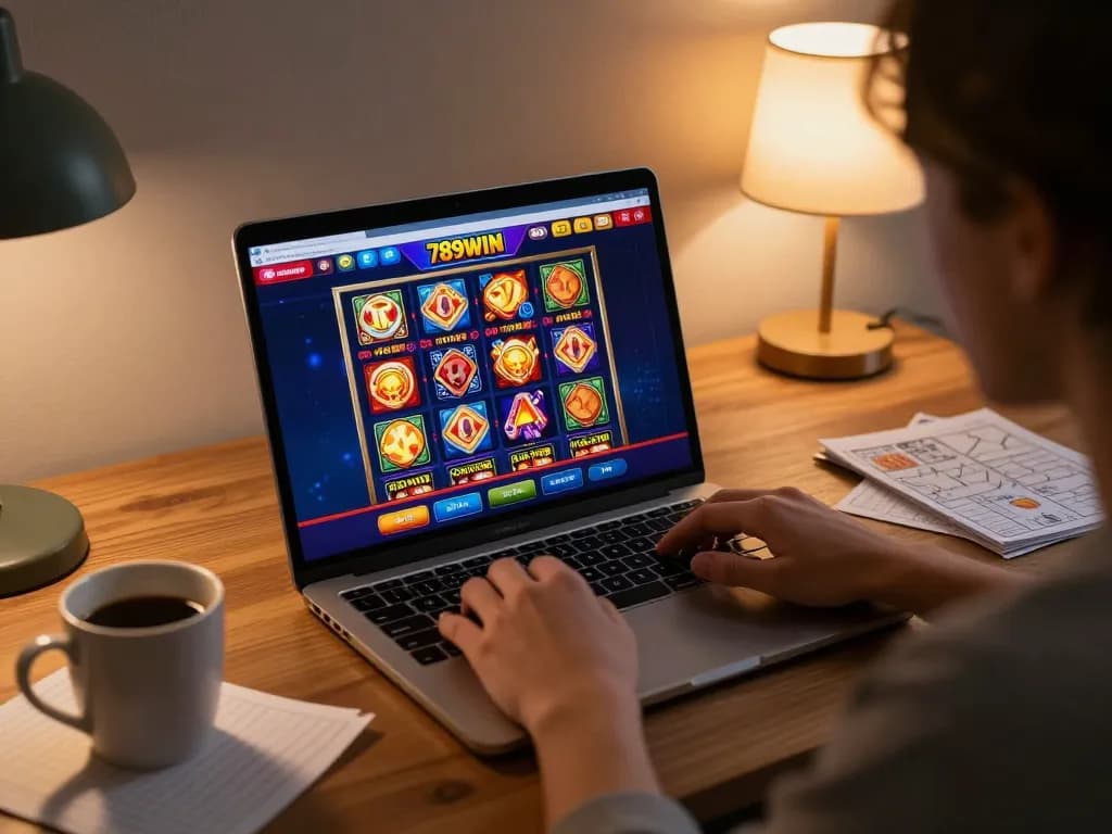 Engaging with colorful slot games on 789WIN platform at home, highlighting online gambling excitement