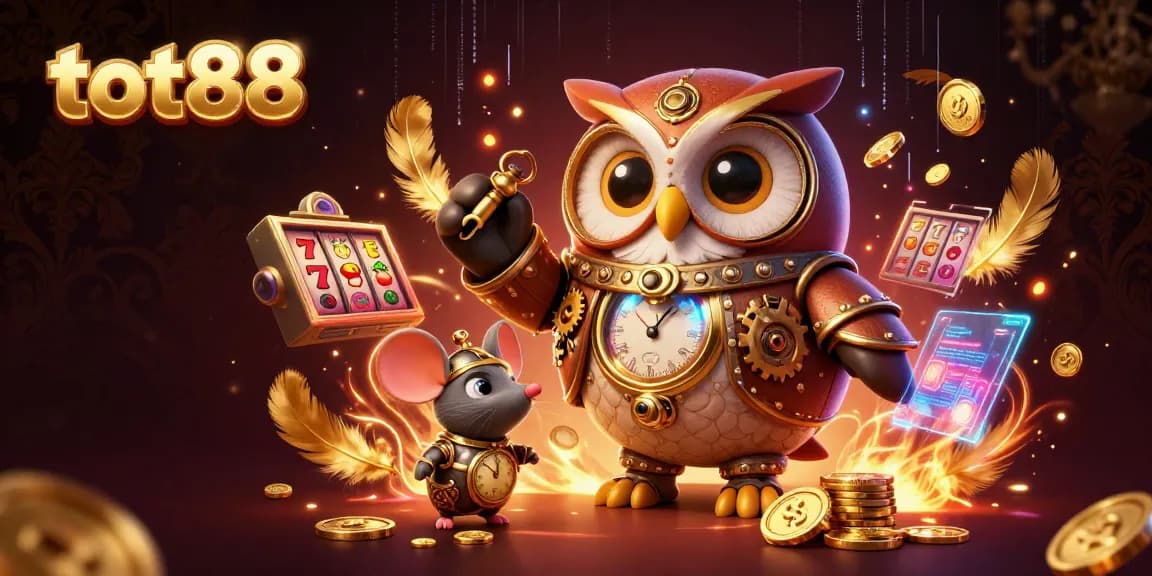 tot88 slot game scene with an owl and mouse amidst vibrant casino elements and futuristic visuals