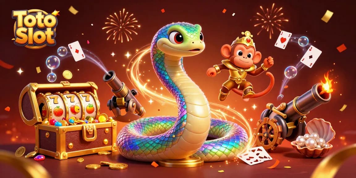 Menangkan Toto Slot dengan ilustrasi 3D ular pelangi dan elemen kasino menawan lainnya.
