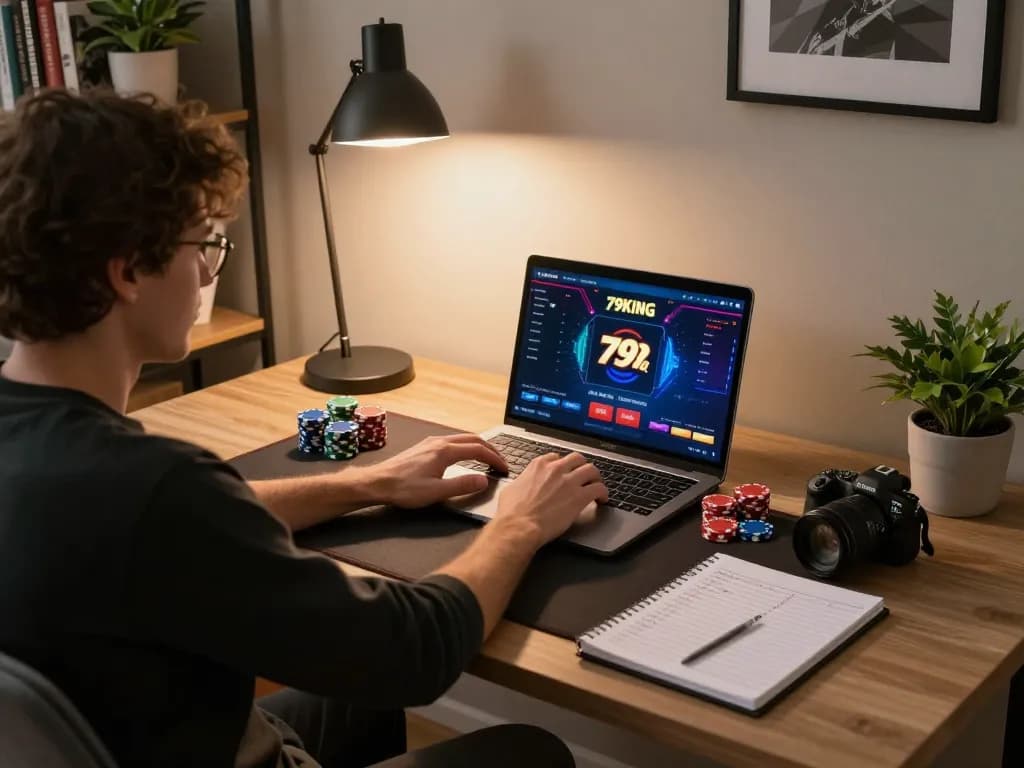 Engaging online poker gameplay on 79KING, showcasing strategic betting in a cozy home environment.