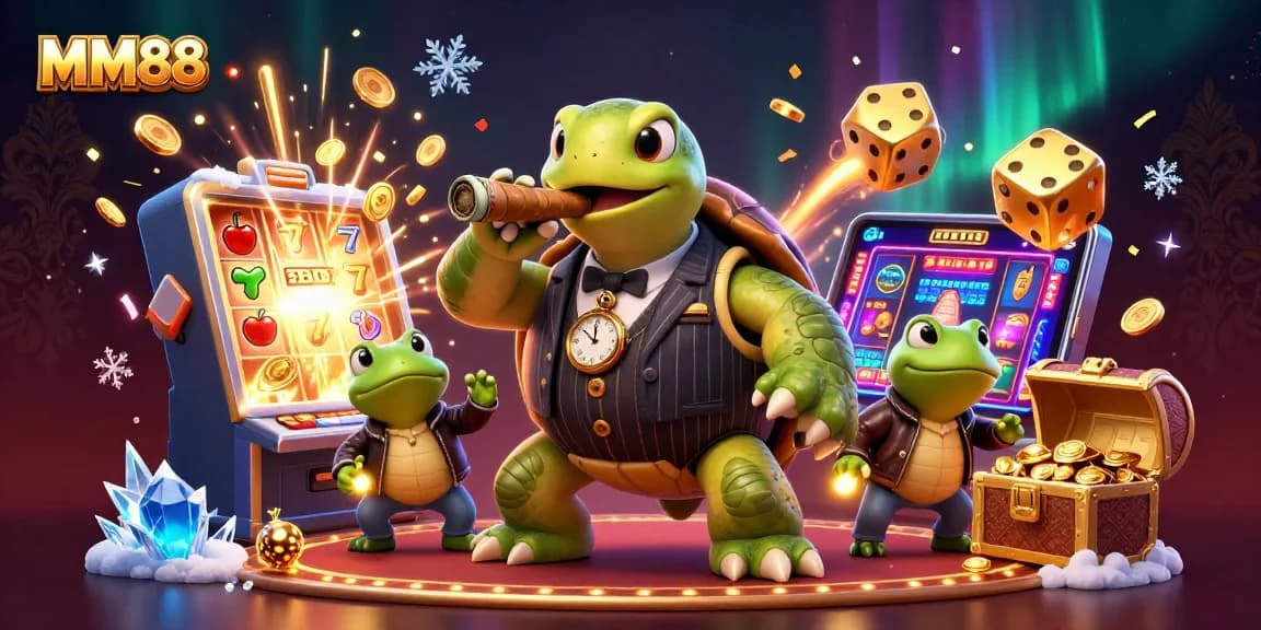 Experience the thrill of MM88 with a dynamic casino scene featuring a turtle mobster and winning elements.