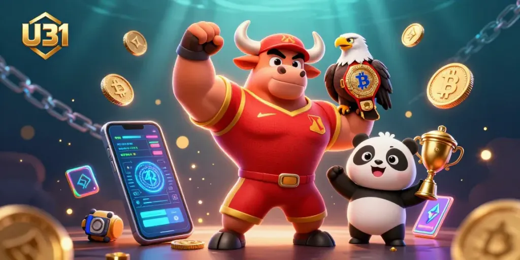 U31 captivates players with an engaging victory scene featuring a bull mascot and crypto elements.