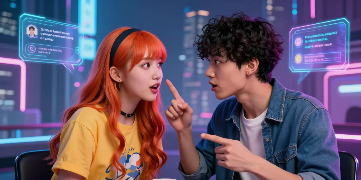 Interactive hentai ai chatbot engaging in a playful conversation in a neon-lit cityscape.