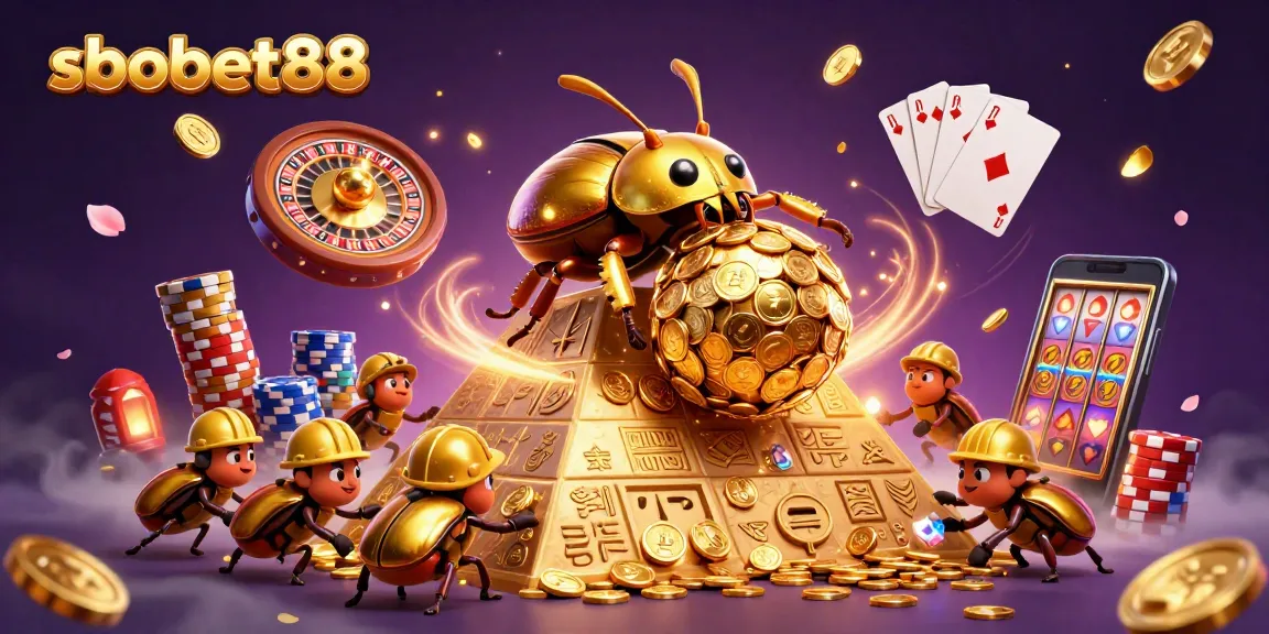 Engage with sbobet88's vibrant casino action featuring golden beetles and sparkling gems.